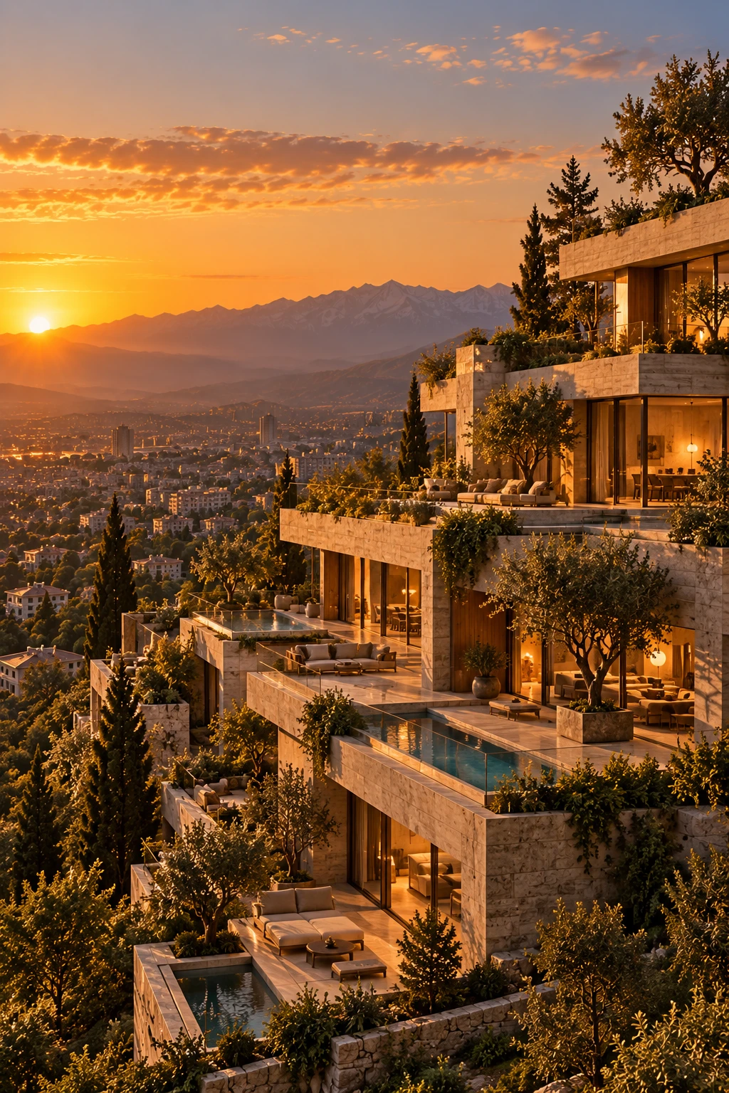 Terrace Residences on a Kabul hillside at sunset