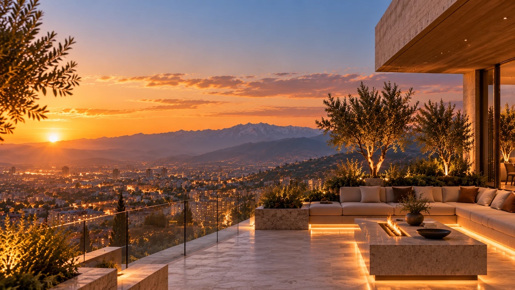 Roof terrace of Tower One at sunset over Kabul