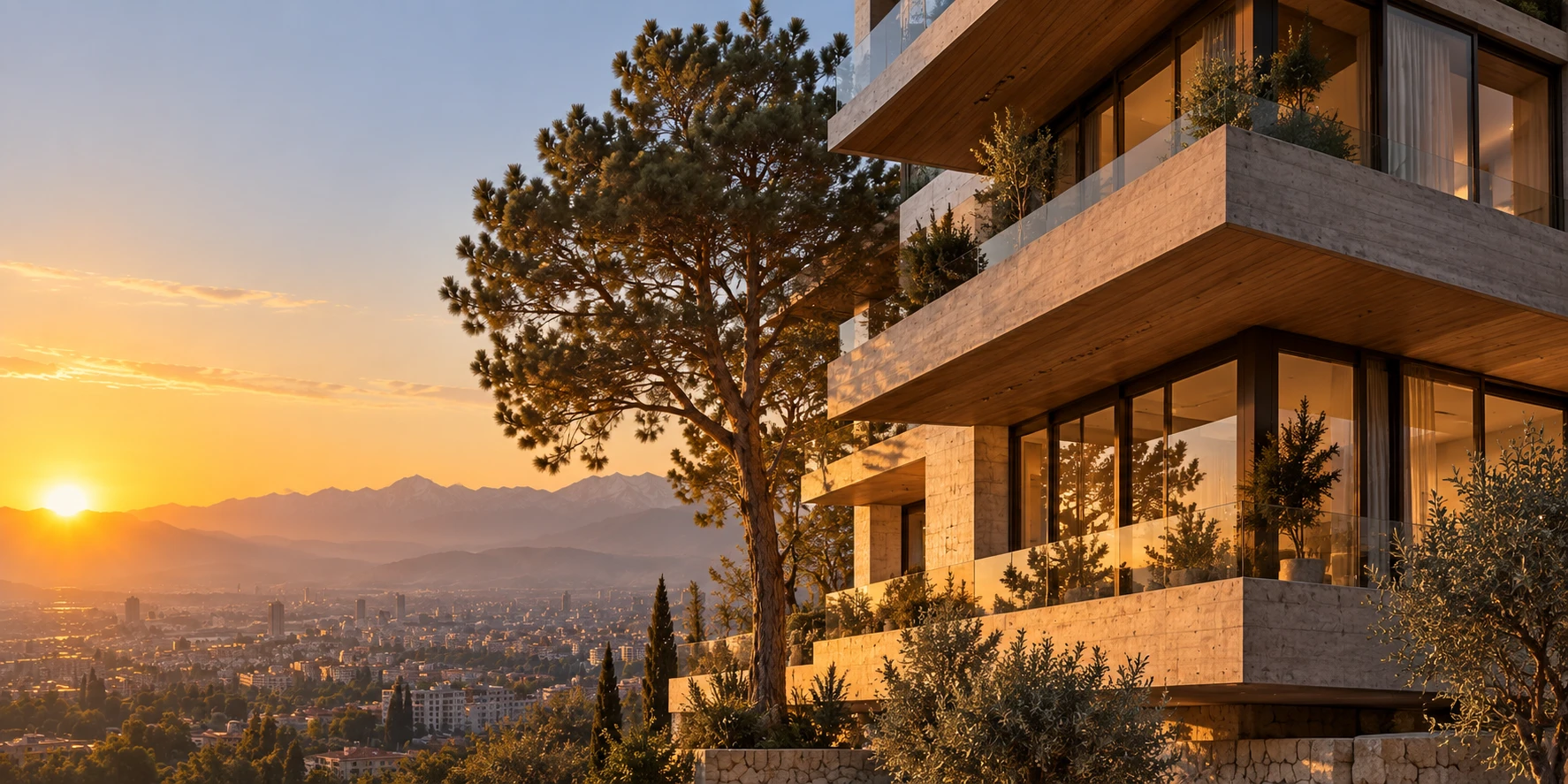 Concrete balconies and a pine tree at Terrace Residences