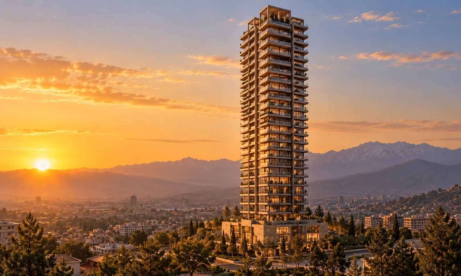 Tower One at sunset with the Hindu Kush behind