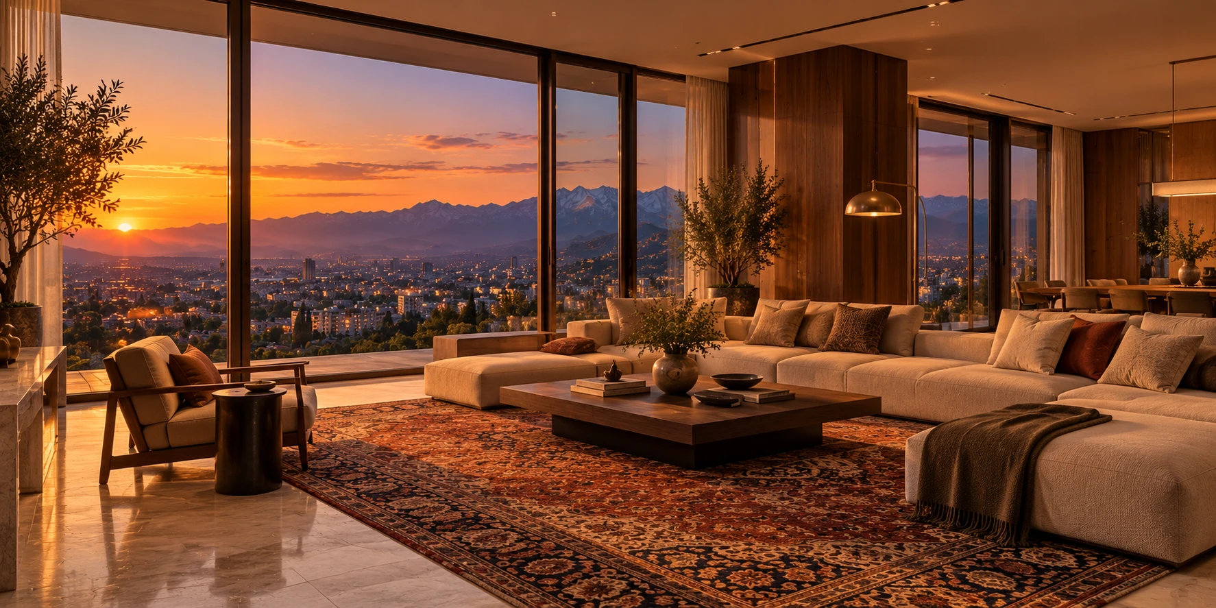 Living room of a Tower One residence at sunset