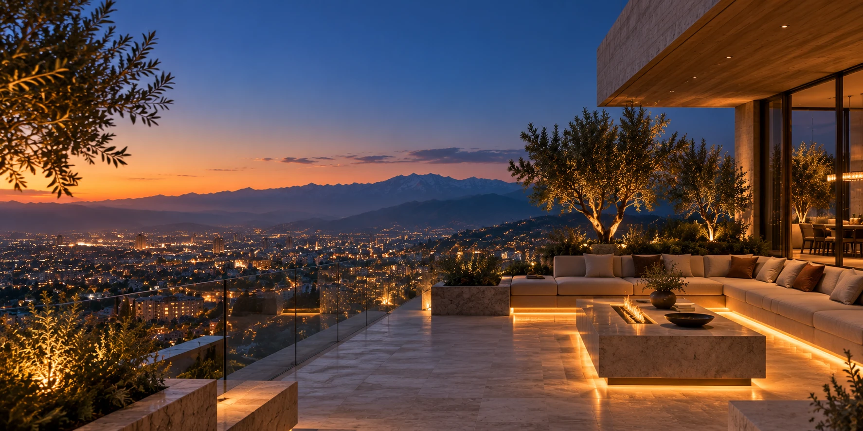 Tower One sky terrace at blue hour